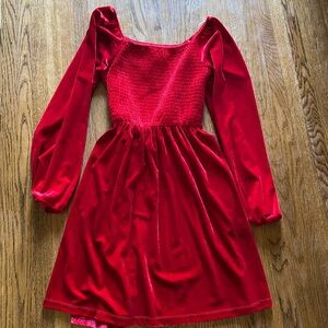 Girls Red Crushed Velvet Dress with Pockets